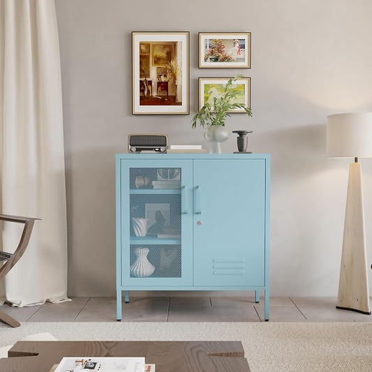 Blue Metal Locker CabinetsMetal Locker Storage Cabinet with Mesh Doors and Adjustable Shelves Coffee Bar Cabinet,Kitchen Pantry Storage Cabinets for Home, Office, Entryway and Hallway