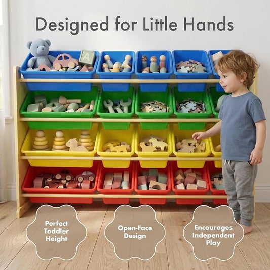 Humble Crew Toy Storage Organizer with 20 Removable Storage Bins for Kids Playroom, 4-Tier Toddler Toy Organization, Natural/Primary