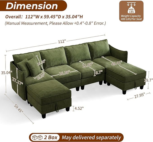 WorthFurni 112" Modular Sectional Sofa U Shape Couches with Storage Ottoman and Washable Cushion Cover for Living Room, Bedroom, Apartment(Green)