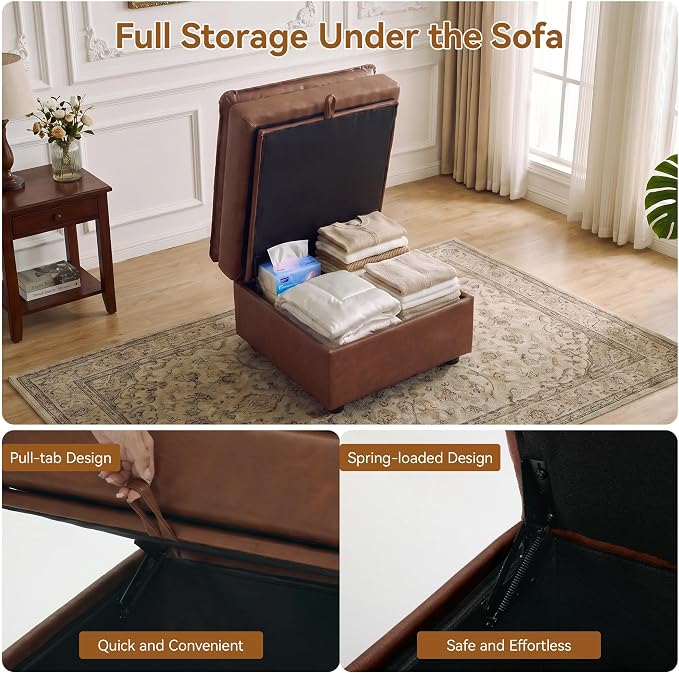 27" Brown Faux Leather Storage Ottoman, Large Square Footrest for Couch | Lift-top Storage Keeps Blankets and Clothes Organized, with Padded Upholstery and Anti-slip Legs for Bedroom, Living room.