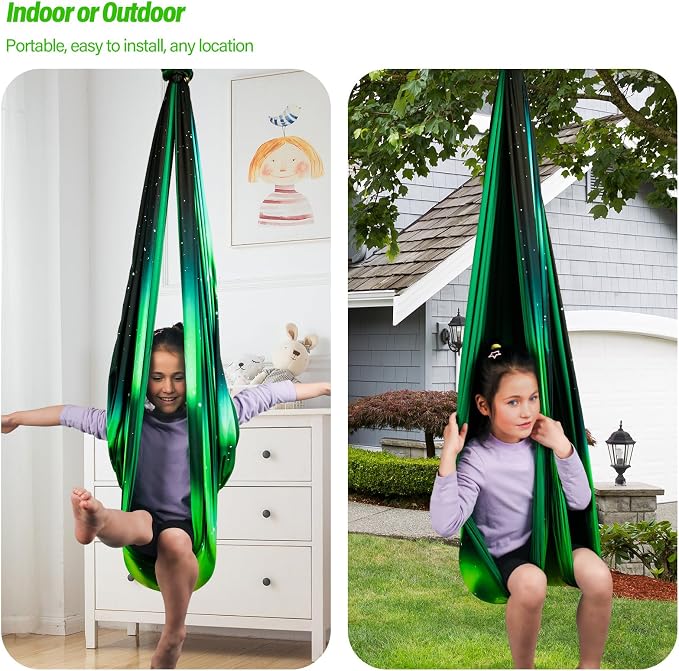 Sensory Swing for Kids & Adults Holds up to 300lbs Indoor & Outdoor Double Layer Therapy Cuddle Swing with 360° Swivel Hanger Kit for Calming, Effect for Autism, ADHD or SPD. (Aurora Green)