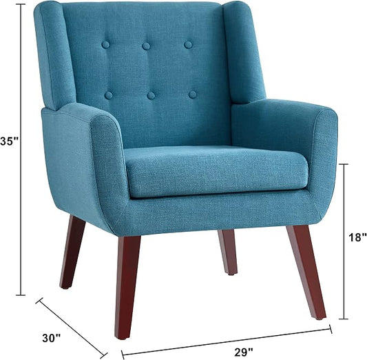HUIMO Accent Chairs Set of 2,Upholstered Button-Tufted Living Room Chair with Wooden Legs,Mid Century Modern Linen Fabric Club Chair,Comfy Arm Chairs for Bedroom,Lake Blue 2PCS