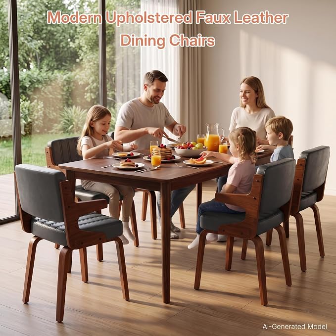 Dining Chairs Set of 6 with Hanging Armrest Black | Set of 6 with hanging armrests that hook onto table edge. Durable walnut frame with soft faux leather padding