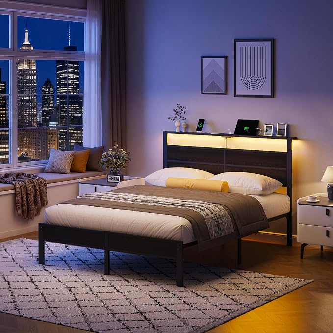 Liians Queen Size Black Metal Bed Frame with USB Type-C Charging Headboard, Smart LED Lights, Noise-Free Platform Bed, No Box Spring Needed, Easy Assembly