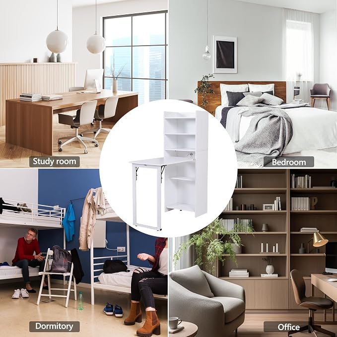 Foldable Desk with Storage,Hidden Desk with Built-in Socket,Fold Out Writing Table for Small Spaces,Home Office and Bedroom (White)