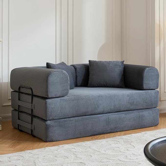 ZEIINPA 59“ Convertible Floor Sofa Bed, 5-in-1 Futon Sofa Bed Pull Out Sleeper Couch, Modern Corduroy Compressed Loveseat, Modular Boneless Couches for Living Room, No Assembly Required, Gray