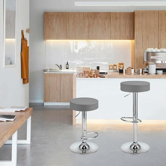 Finnhomy Bar Stools Set of 2 Modern PU Leather, Swivel Barstools with Footrest and Backless Round, Counter Height Adjustable Modern Counter stools for Kitchen, Grey