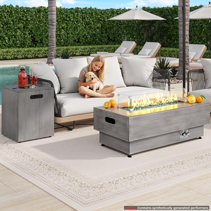 IRONCK 43-inch Outdoor Propane Fire Pit Table w Tank Table, CSA Certified, 2 in 1 Rectangular Patio Fire Pit w Glass Rocks, Wind Guard and Cover, 50000 BTU Outside Heater for Pool, Vintage Gray