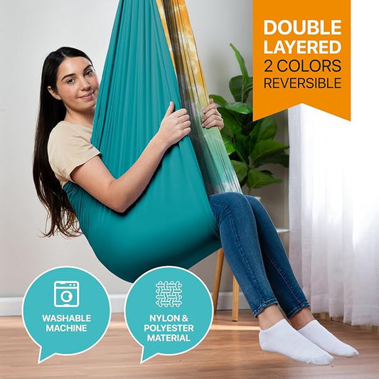 Indoor Sensory Swing for Kids or Outdoor – Holds 300lbs, Double-Layer, & 360° Swivel, Calming Compression Therapy Swing Hammock for Kids & Adults with All Hardware – Sensory-Motor Toys & Gifts