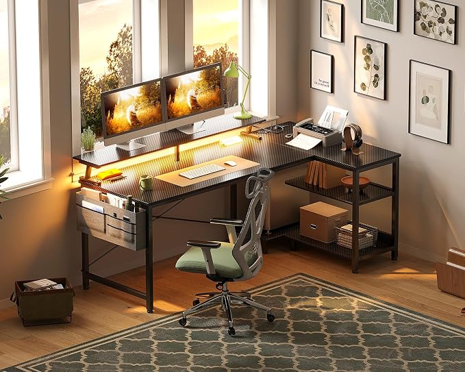 ODK 58 Inch Gaming Desk with USB Charging Ports and LED Lights, Reversible L Shaped Computer Desk with Storage Shelves & Monitor Stand, Corner Gamer Desk Table with Power Outlets, Black