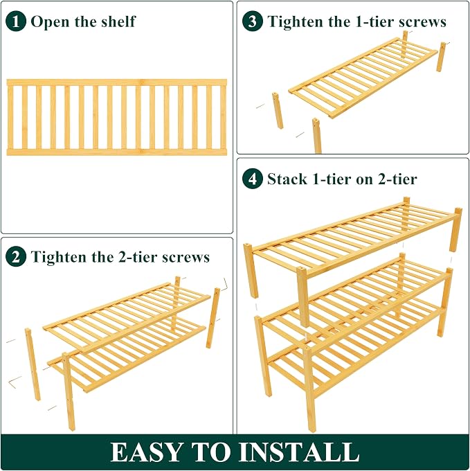 Smiry Long Bamboo Shoe Rack, 3 Tier Free Standing Wooden Shoe Organizer, Stackable Wood Shoe Storage Shelf for Closet, Entryway, 12 Vertical Slats, 2+1 Stack Standard Legs, 33.7"x11"x19.5", Natural