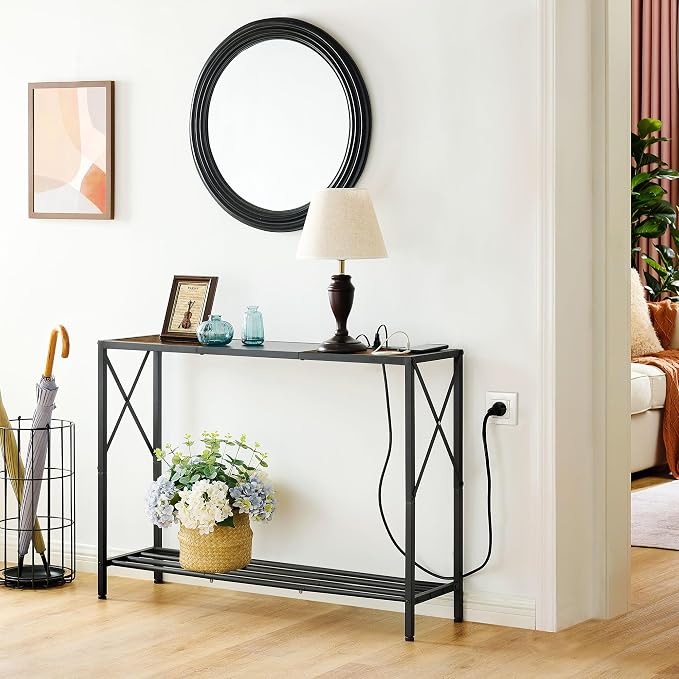 Tajsoon Console Table with Charging Station, 41.8" Entryway Table with Shelves, 2-Tier Narrow Sofa Table, Long Behind Couch Table, for Entryway, Foyer, Living Room, Hallway, Brown & Black