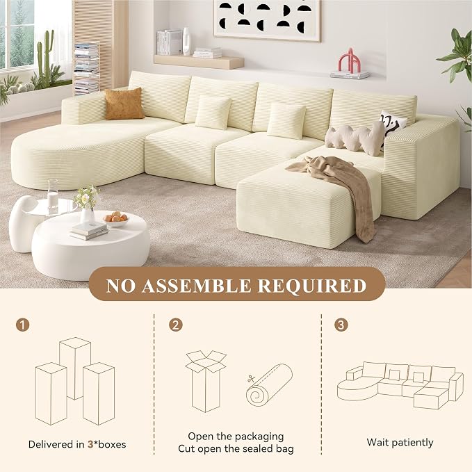 134" Boneless Couches for Living Room,Large U-Shaped Modular Sectional Sofa with Convertible Ottoman,Modern Cozy Cloud Couch in a Box,Sponge Compression Deep Seat Sofas with Chaise,Beige,1pcs