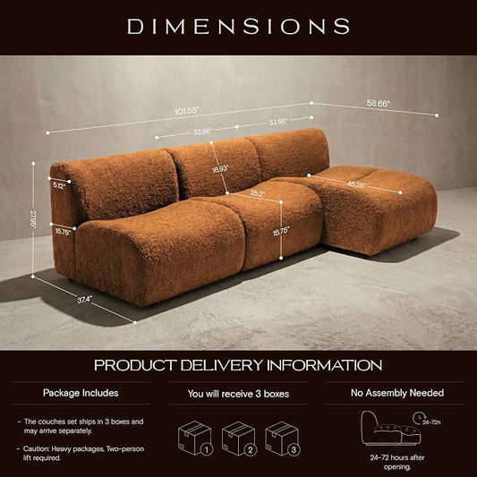 102" Curved Sectional Couch with Chaise Lounge, 3-Seat Reversible L-Shaped Sofa, Deep Seat Sherpa Boneless Modular Couches, Modern Curved Sofas for Living Room – No Assembly, Brown