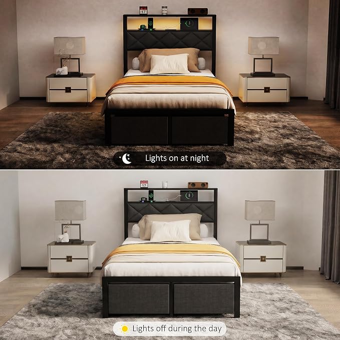 Twin Bed Frame with LED Lights, Charging Station & 2 Storage Drawers, Metal Platform with Upholstered Headboard, No Box Spring Needed, Easy Assembly