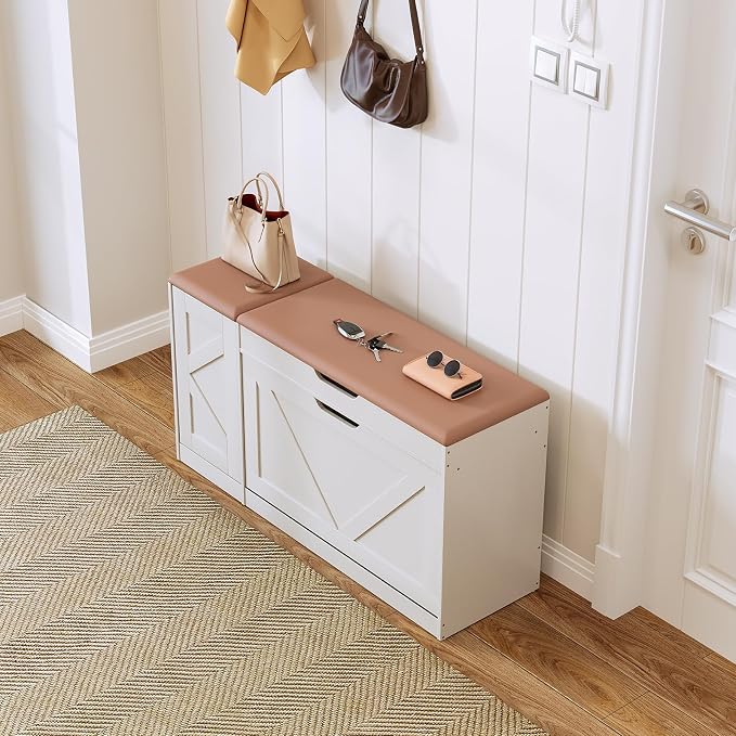 34" Storage Bench with Flip Drawers and Barn Doors, Adjustable Shelf, Flip-up Cabinet & Padded Cushion - Space-Saving Shoe Cabinet, Organizer for Entryway, Hallway, Bedroom