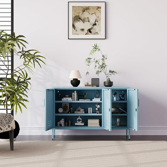32" Wide 3-Door Lockable Metal Storage Cabinet with Accent Cabinet Locker, Heavy Duty Home Tool Cabinet, 2 Removable Shelves & Easy Assembly, for Home, Office, Entryway and Hallway Blue