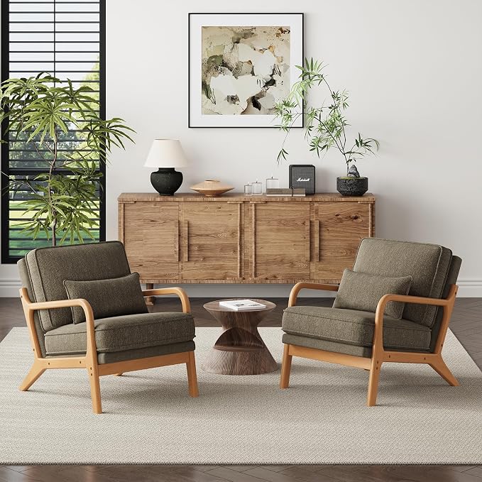 MALOL Accent Chair with Solid Wood Frame, Mid-Century Relaxing Armchair Lumbar Pillow& Soft Cushion, Reading Leisure Chair for Living Room, Bedroom, Waiting Room-Green