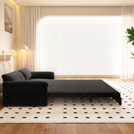 66" Sofa Bed Queen Size, Pull Out Couch Bed, 3-in-1 Convertible Sleeper Sofa with Side Pocket, Modern Velvet Futon Couch for Living Room, Small Space, Apartment, Bedroom, Black