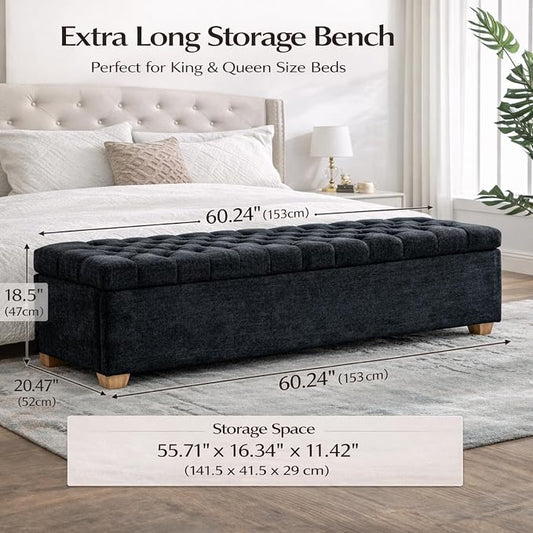 60.2" Storage Bench, End of Bed Storage Benches, Chenille Fabric Upholstered Ottoman Bench with Safety Hinge for Living Room Entryway Bedroom Hallway