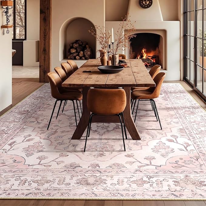 RELEANY Area Rugs Large 10'x14' Washable Non-Slip, Floral Vintage Distress Medallion Carpet for Living Room Bedroom Dining Room, Pink Greypink Cute