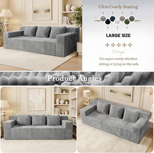 71" Corduroy Living Room Sofa, 3 Setaser Deep Seat Couch with 3 Lumbar Pillows, Comfy Boneless Sofa Modern Compressed Couch for Bedroom, Office, Apartment, No Assembly, Flat Armrests (Light Grey)