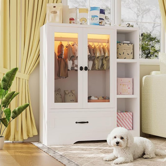 kepptory Large Pet Wardrobe Closet with LED Light, 3 Tiers Storage Shelves & Drawer, White Pet Clothes Organizer Cabinet with Hanging Rod, Multi-Functional Pet Closet for Dogs & Cats Clothing, Toys