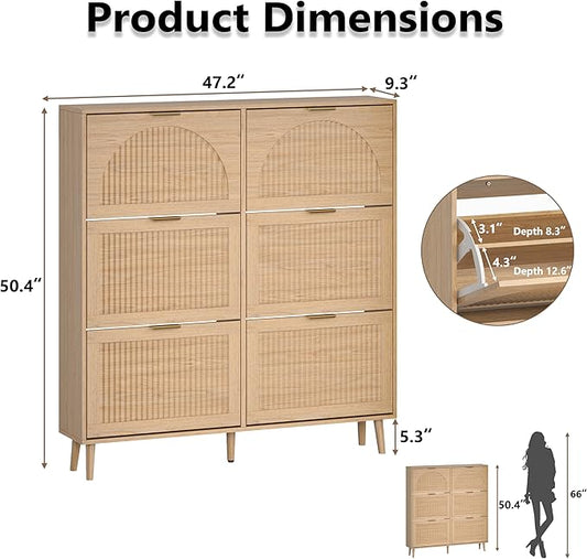 BORNOON Shoe Cabinet for Entryway with 6 Flip Drawers, Slim Wooden Shoe Storage Organizer with Modern Fluted Pannel,Freestanding Narrow Hidden Shoe Rack for Hallway, Foyer, Living Room