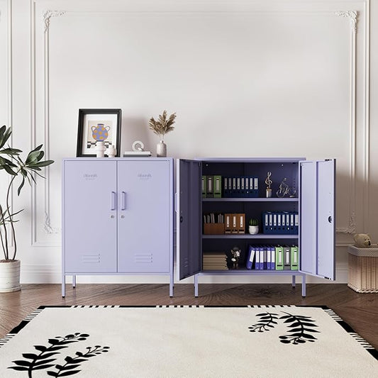 Purple 3 Tier Metal Storage Cabinet with Legs, Lockable 2 Door Metal Locker, Heavy Duty Multipurpose Accent Storage Cabinet with 2 Adjustable Shelves for Home, Office, Entryway and Hallway