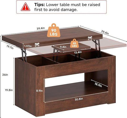 UNIQUITE 40" Lift Top Coffee Table, 4 in 1 Multi-Function Lift Coffee Tables with Storage and Hidden Compartment, Convertible Wood Coffee Tables to Dining Table for Living Room, Walnut