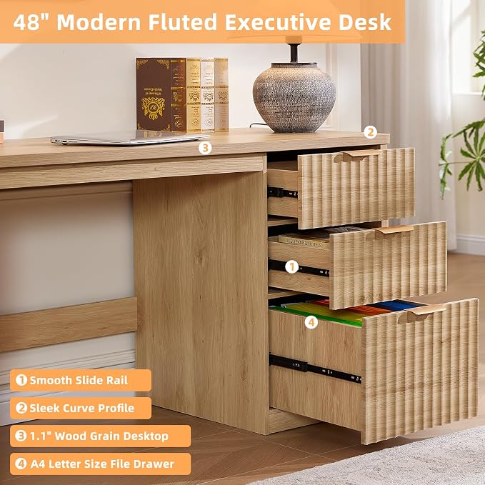LEYAOYAO Office Desk 48" with 3 Drawers Storage File Cabinet Wood Fluted Desk for Computer Office Bedroom Home Furniture Natural