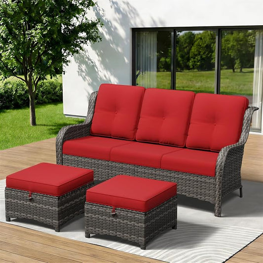 3-Piece Outdoor Couch Set, Include Wicker Patio Sofa with Thickened Olefin Cushions, High Back and Deep Seating, Hand-Woven PE Rattan and 2 Ottomans, Patio Conversation Set for Porch, Deck
