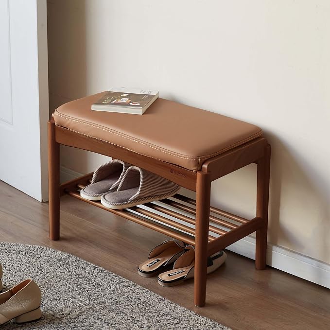 Solid Wood Shoe Bench (Assembled), 600lb Weight Capacity, Durable Cloud-Soft Leather Upholstered Entryway Bench for Entryway, Hallway, Living Room, Bedroom,11.8"x23.6"x16.5", Walnut