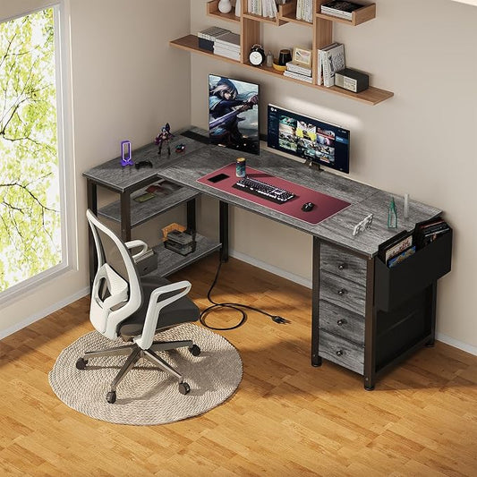 Lufeiya L Shaped Gaming Desk with Drawers & Storage Shelves, 55 Inch Corner Computer Desk with Power Outlet for Home Office Bedroom, L-Shaped Teen PC Desks with Fabric Drawer, Gray