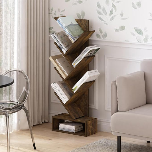 Furinno Tree Book Shelf, 7-Tier Bookshelf, Tree Bookcase with Bottom Shelf, 8.4 x 16.9 x 46.2, for Living Room, Bedroom, Home Office, Amber Pine