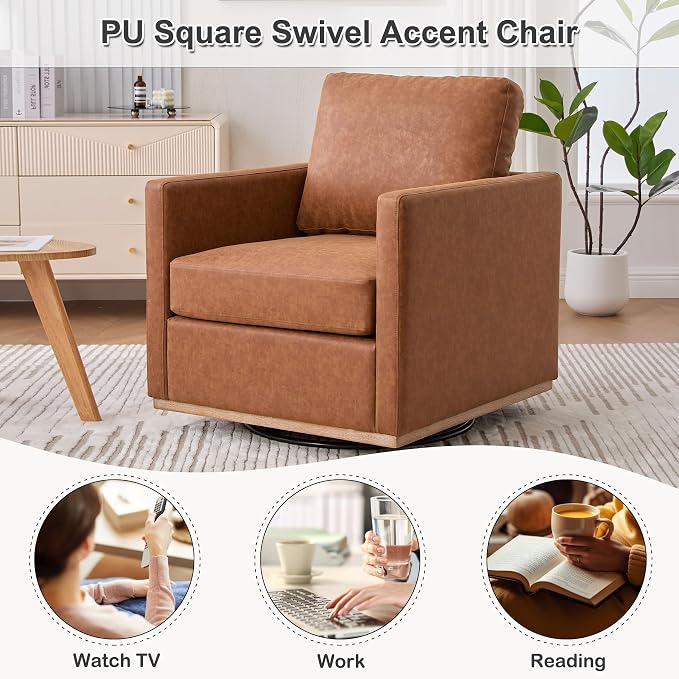 Swivel Accent Chair Set of 2, 360 Degree Square Swivel Chair for Living Room, Mid Century Modern Upholstered Barrel Chair,Comfy Sofa Armchairs for Bedroom,Nursery,PU Leather, Brown