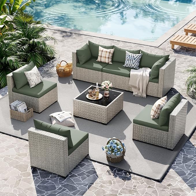 UDPATIO Outdoor Patio Furniture Set, 7 Pcs PE Wicker Sectional Sofa with Tea Table, Outdoor Conversation Set for Patio, Garden, Backyard (Green Cushions with Light Grey Rattan)
