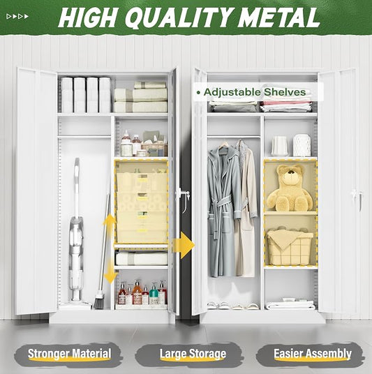 Greenvelly Metal Wardrobe Closet with Doors and Shelves,72" Armoire Wardrobe Closet for Hanging Clothes for Office, Bedroom, Laundry Room, School, Employee,Gym(White)