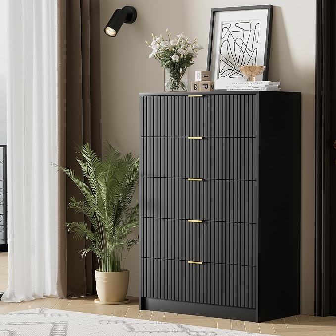 Furniway Black Dresser for Bedroom, Modern Dresser with 5 Drawers and Smooth Slides, Wide Chest of Drawers with Golden Handles for Bedroom, Living Room, Closet, 15.7" D x 31.5" W x 47.2" H