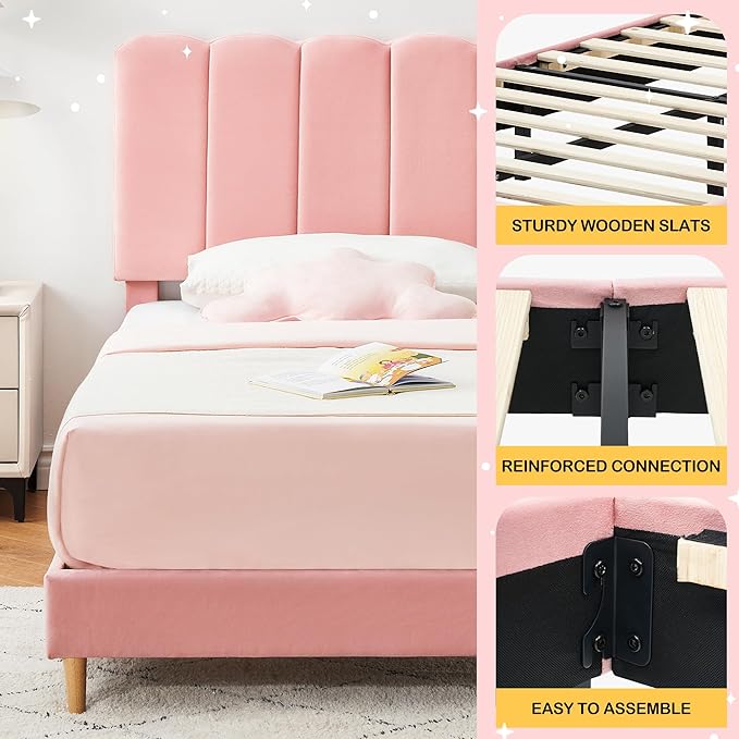 GarveeHome Twin Bed Frame, Upholstered Platform Bed with Wave Headboard for Girls/Kids, Easy Assembly, Wooden Slats Support, No Box Spring Needed, Velvet Pink