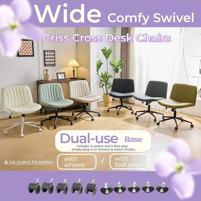 VINGLI Criss Cross Legged Chair,Wide Comfy Office Desk Chair,Dual-Use with/no Wheels Computer Task Chair,Swivel Armless Vanity Rolling Chair for Study,Make Up,Home Office,Cat Scratch PU Leather,Khaki