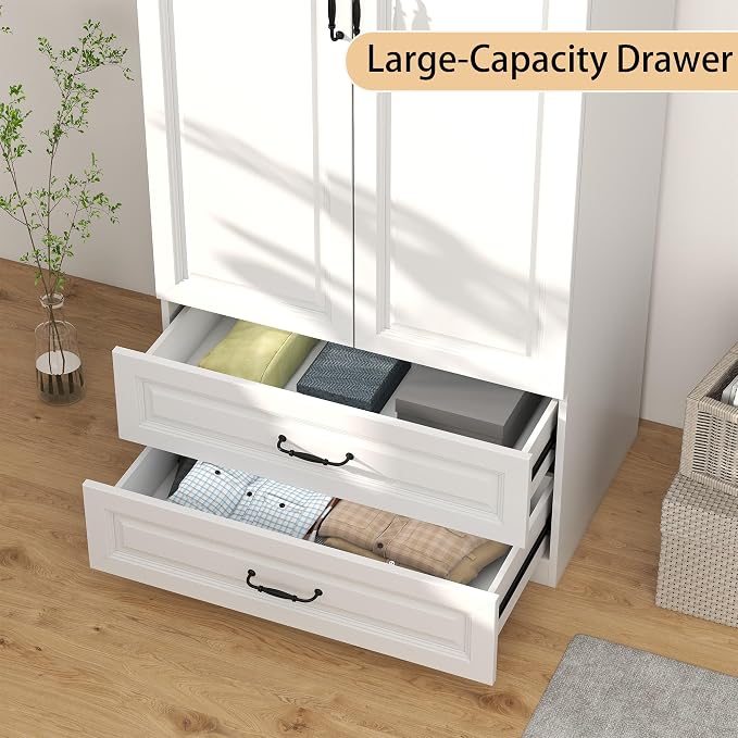 Armoire Wardrobe Closet with Drawers: Bedroom Armoires with Hanging Rod, Wooden Closet Cabinet for Hanging Clothes, Tall Wardrobes Closets with Doors and Shelves (White, 32")