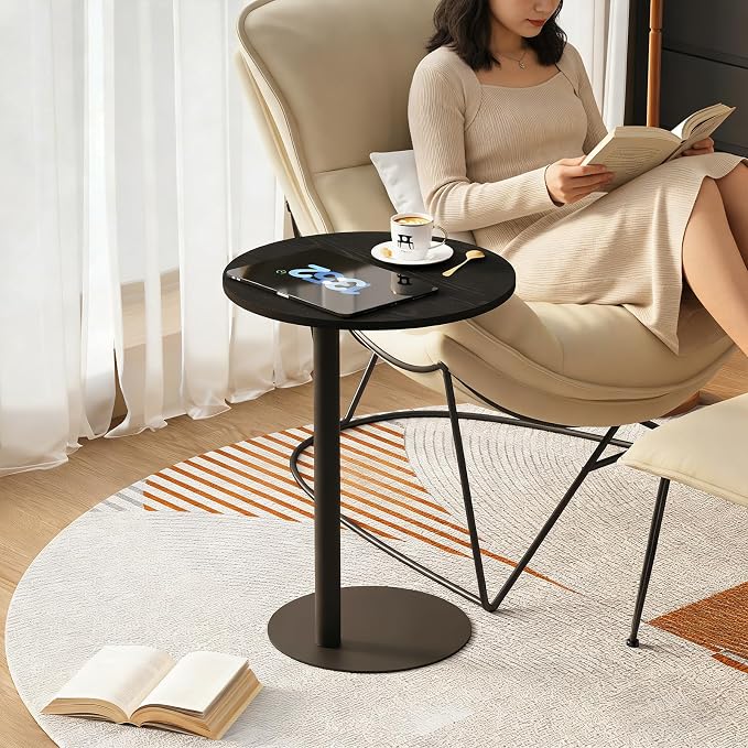 C Shaped End Table, Round Side Table, Small Drink Tv Tray Table for Small Spaces,Modern Accent Nightstand with Metal Leg for Living Room, Bedroom, Corners, and Office(Black)