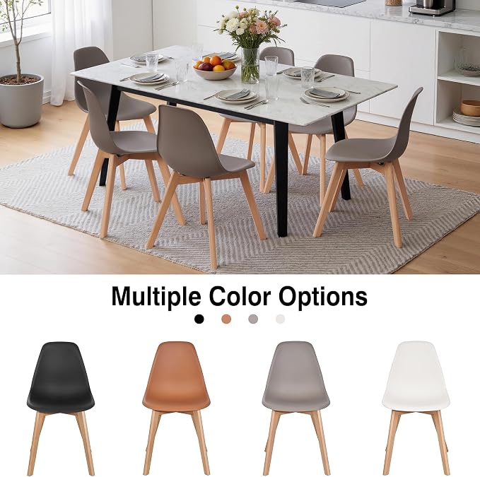 VECELO Dining Chairs Set of 4, Mid-Century Modern Kitchen & Dining Room Chairs, Molded Plastic Seat & Back, Solid Wood Legs, Armless, Non-Slip Feet, Grey