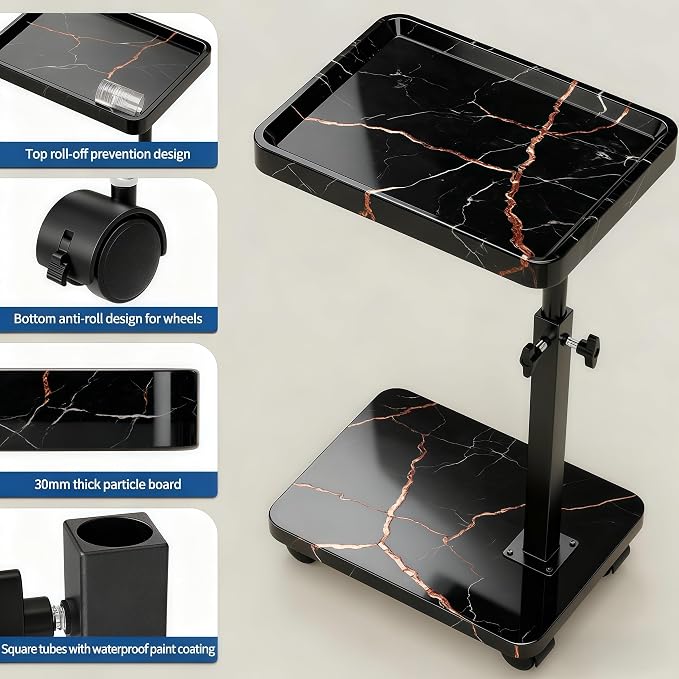 C Table End Table Adjustable Height, 360°Swivel TV Tray Table for Small Spaces, Side Tables with Wheels for Living Room and Bedroom, Bed (Black-15.7 x 11.8 inches)