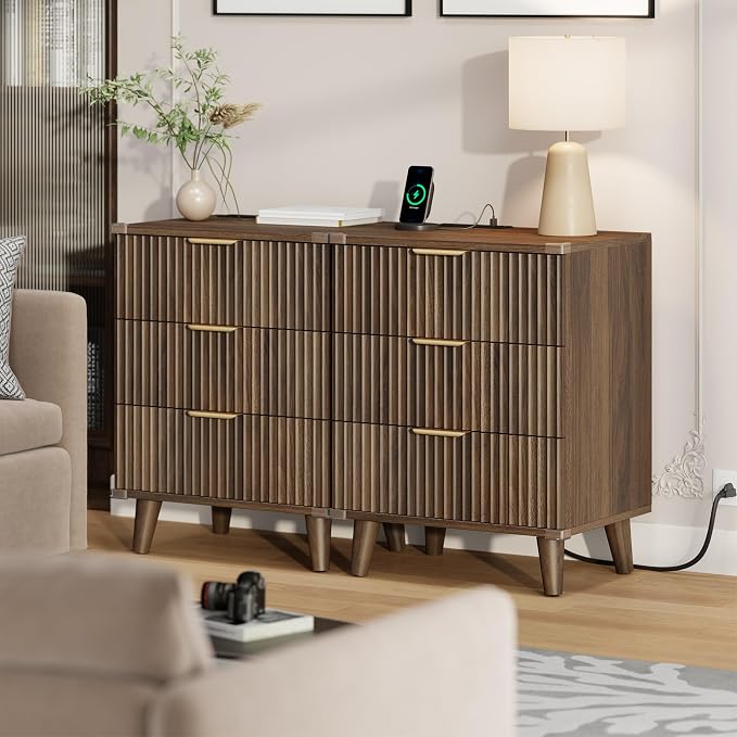 Lulive Wood 3 Drawers Dresser Fluted Night Stand with Charging Station, Storage Nightstand Modern Side Table, Bedside Table for Bedroom, Entryway