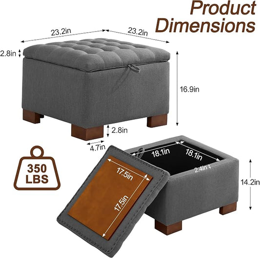 WUTUTUEE 24" Fabric Square Storage Ottoman with Wooden Tray, Modern Tufted Button Footstool Coffee Table, Upholstered Small Ottoman for Living Room, Bedroom, Dark Gray