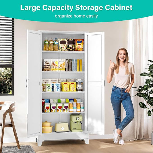 SISESOL Wide & Deep Pantry Storage Cabinet with 2 Doors and 5 Shelves,72" Tall Farmhouse Storage Cabinet,Large Cupboard Closet,White Cabinets for Home,Kitchen,Bathroom,Dining/Living Room