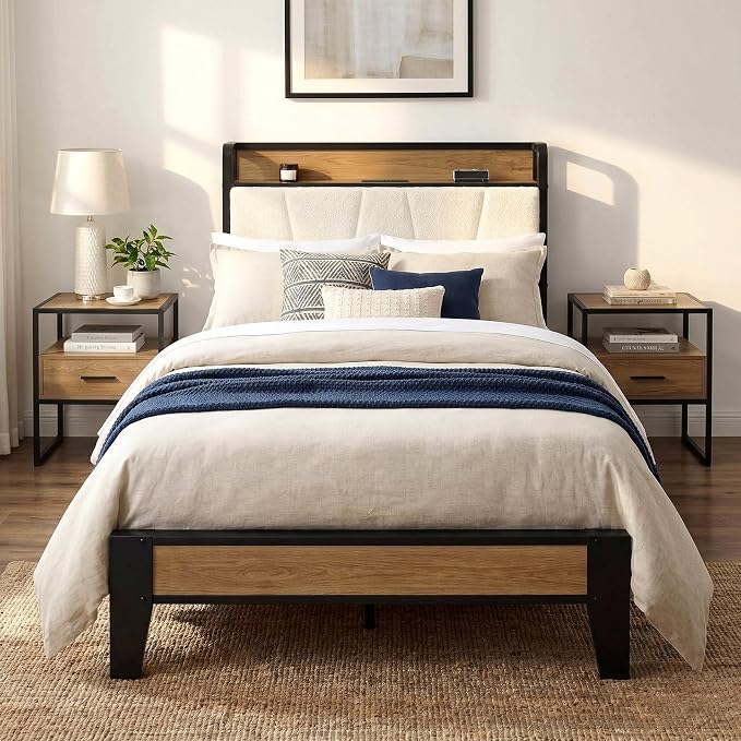LIKIMIO Twin Bed Frames, Storage Headboard with Charging Station, Solid and Stable, Noise Free, No Box Spring Needed, Easy Assembly, Wood and Cream