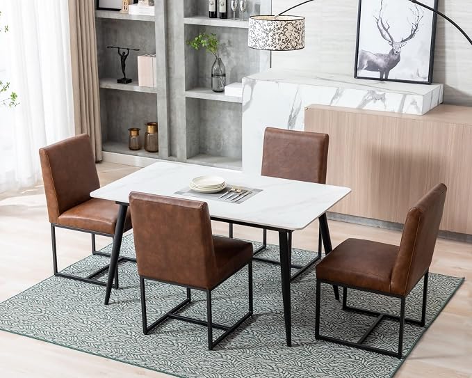 CIMOTA Modern Dining Chairs Set of 6, Leather Dining Room Chairs Upholstered Mid Century Armless Guest Side Chair with Black Base for Dining Room/Kitchen, Vintage Brown 6PCS